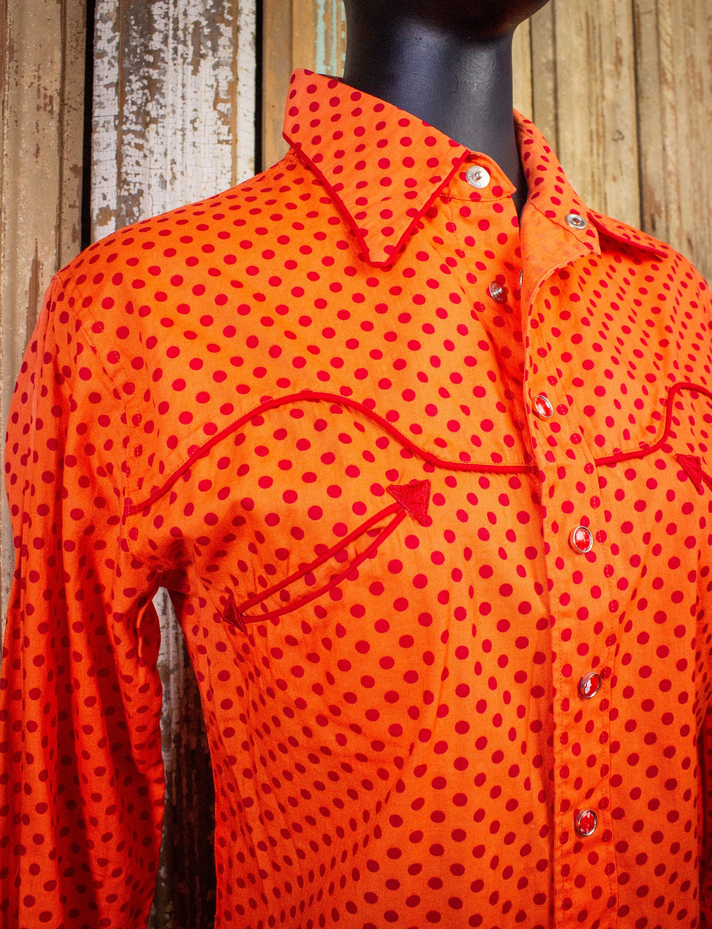 Vintage McClures Polka Dot Pearl Snap Western Shirt 60s Red/Orange Small