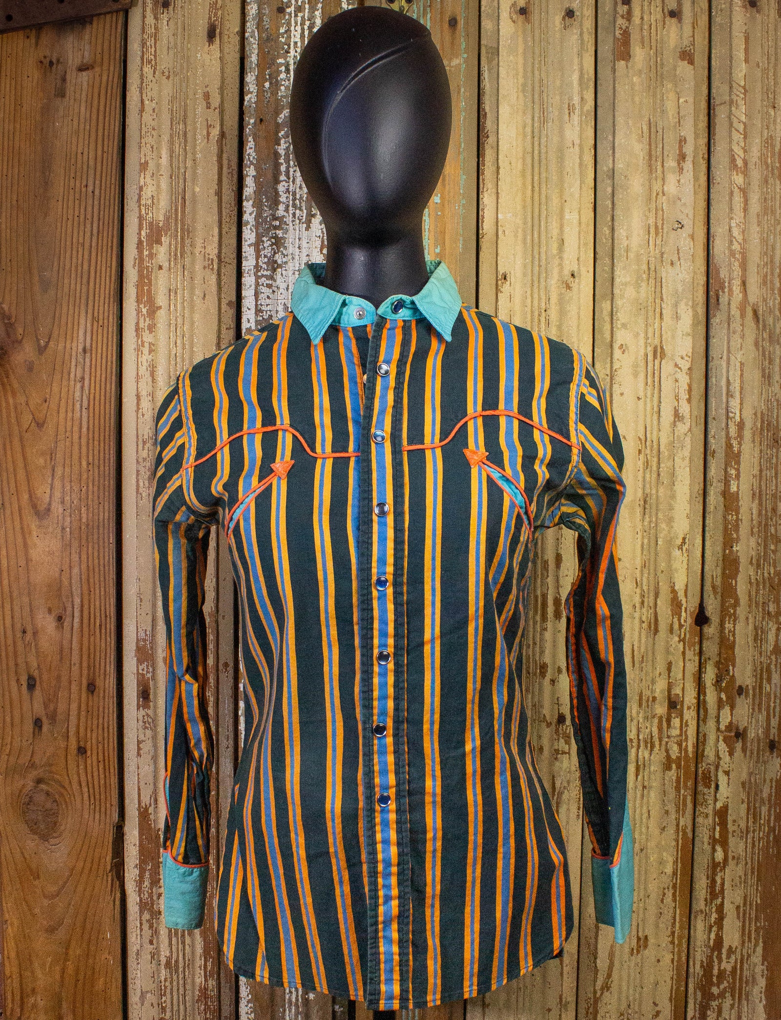Vintage McClure's Striped Pearl Snap Western Shirt 60s Blue/Orange Small