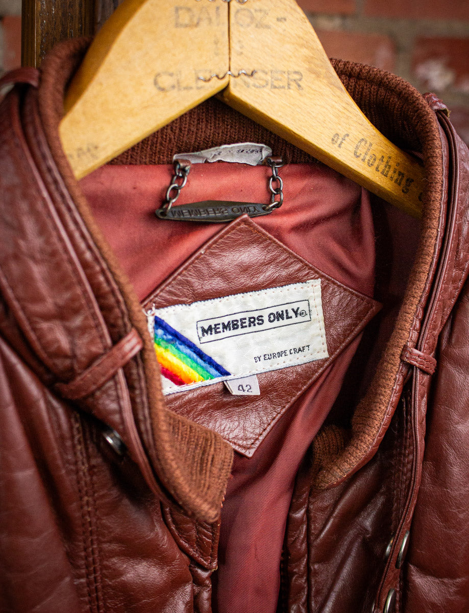 Vintage Members Only Brown Leather Bomber Jacket 80s Large