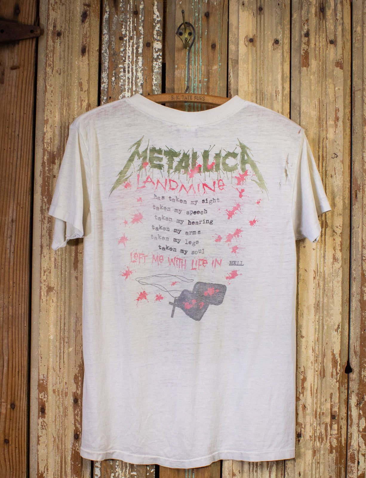 Vintage Metallica One Landmine Concert T Shirt 1989 White Medium Black Shag Vintage