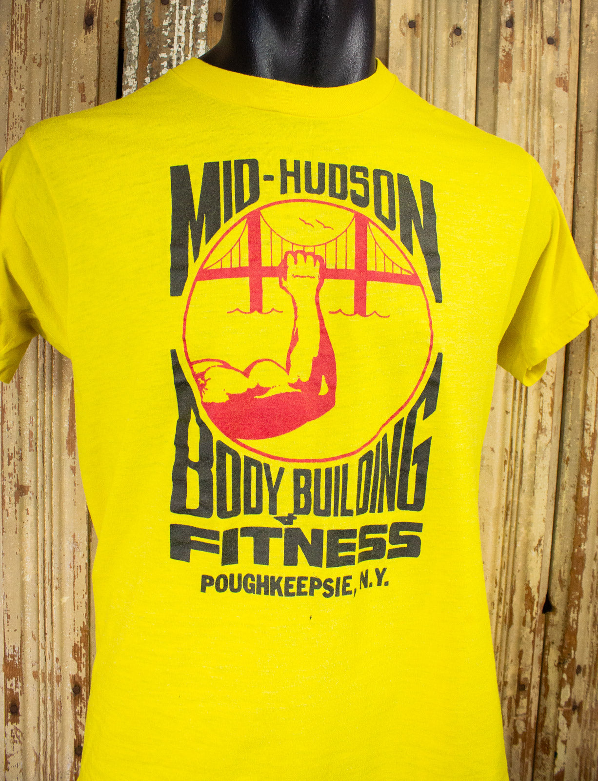 Vintage Mid Hudson Body Building Graphic T Shirt 80s Yellow Medium