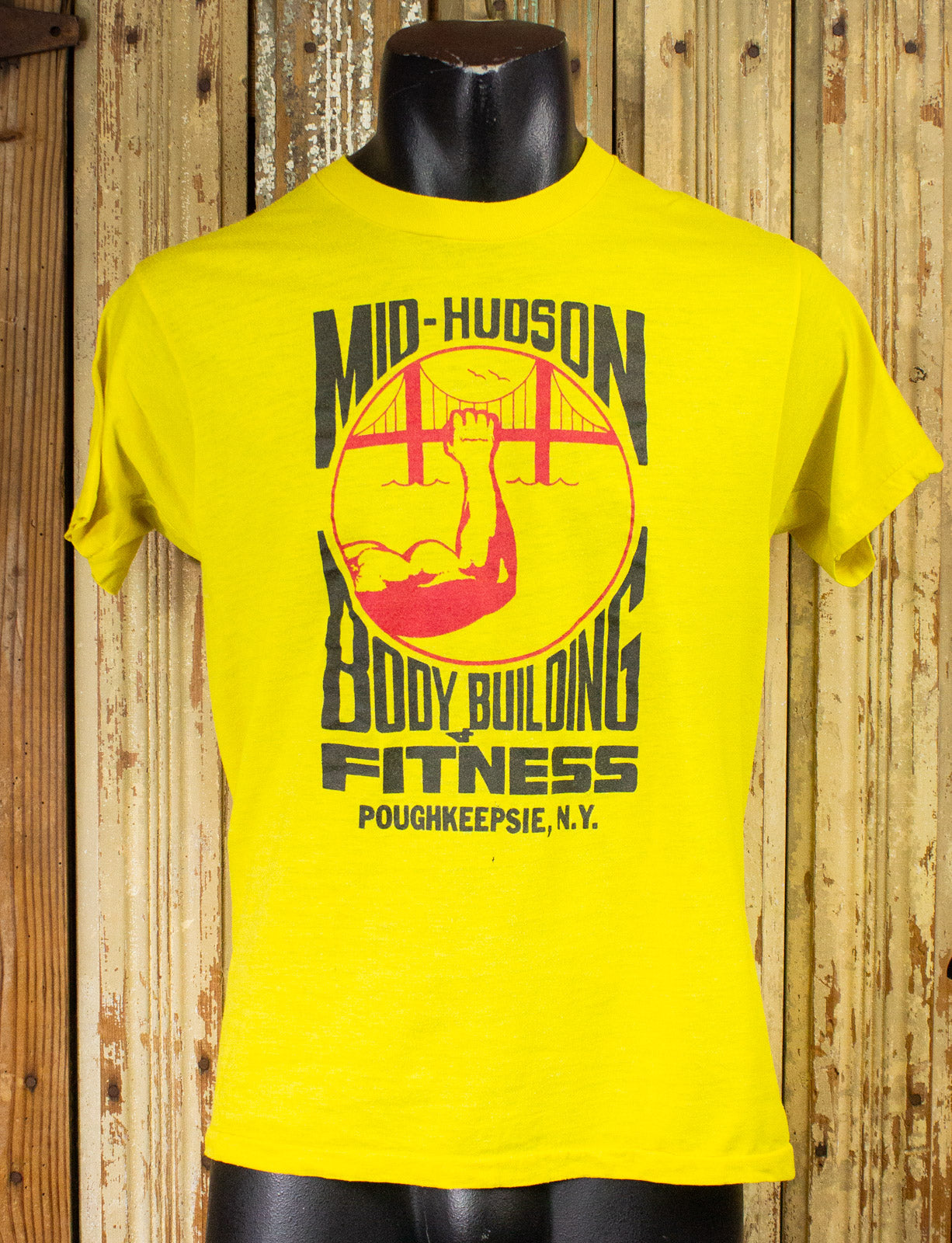 Vintage Mid Hudson Body Building Graphic T Shirt 80s Yellow Medium