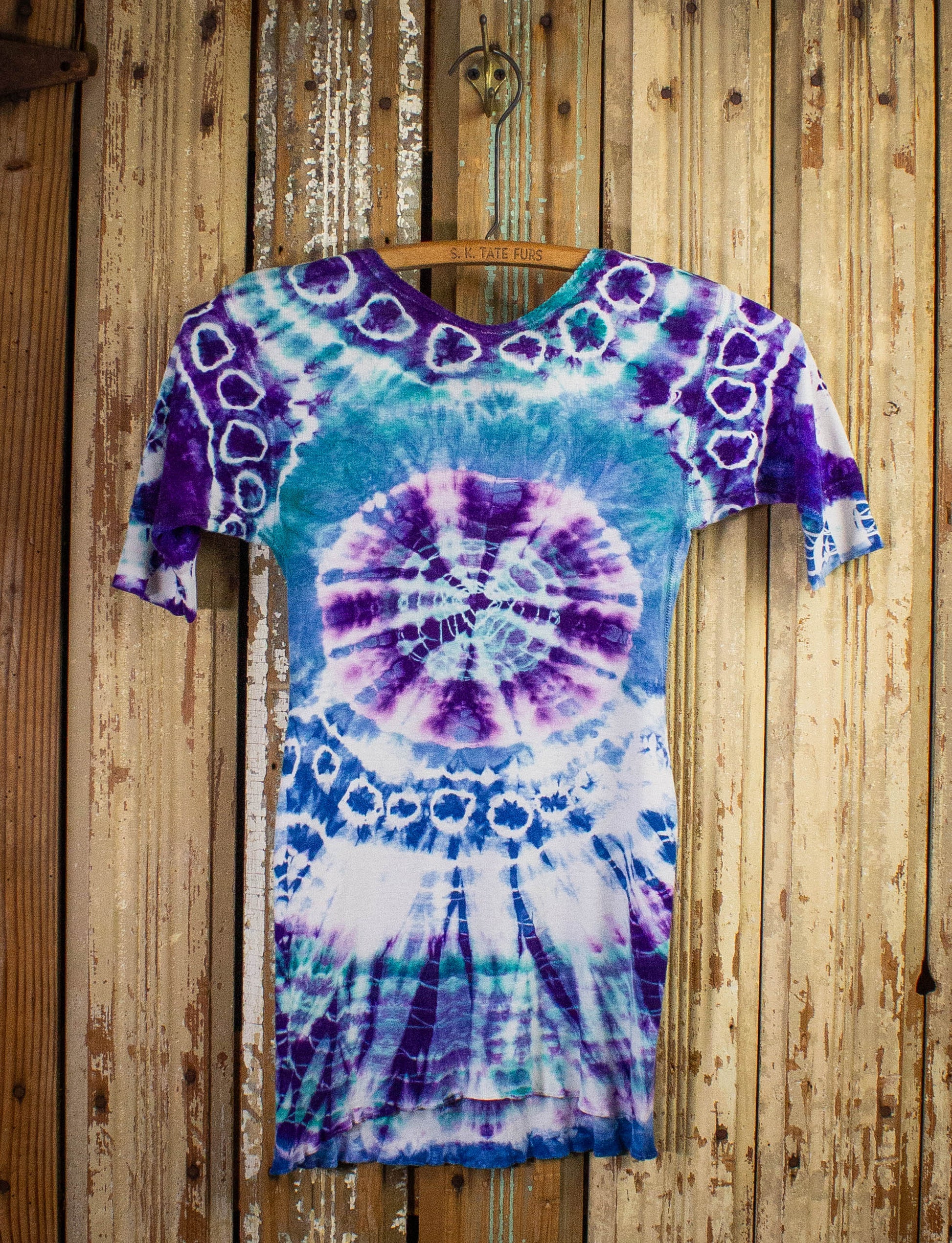 Vintage Mihitabel Tie Dye Henley T Shirt 60s Blue, Purple, and White XS
