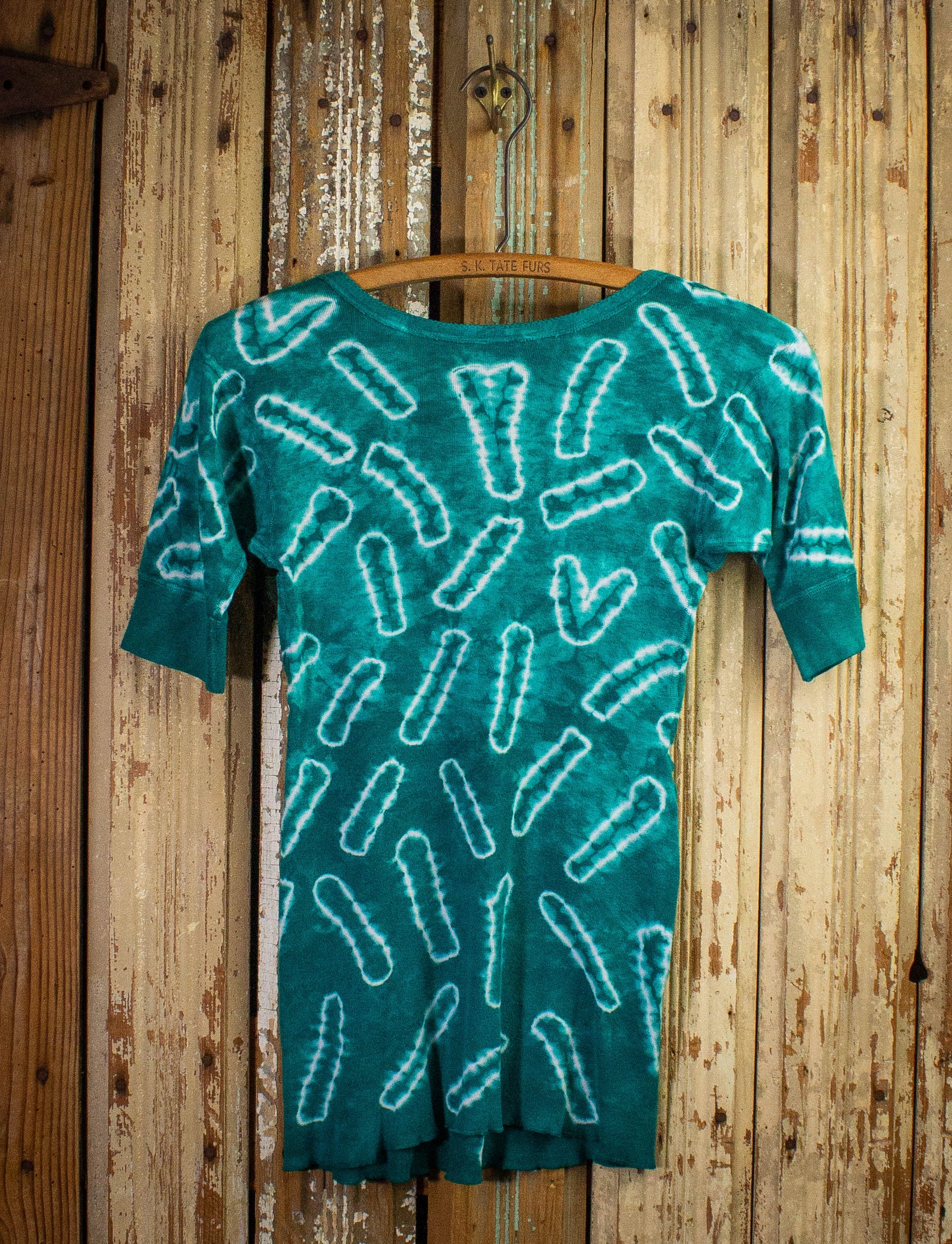 Vintage Mihitabel Tie Dye Henley T Shirt 60s Teal and White XS