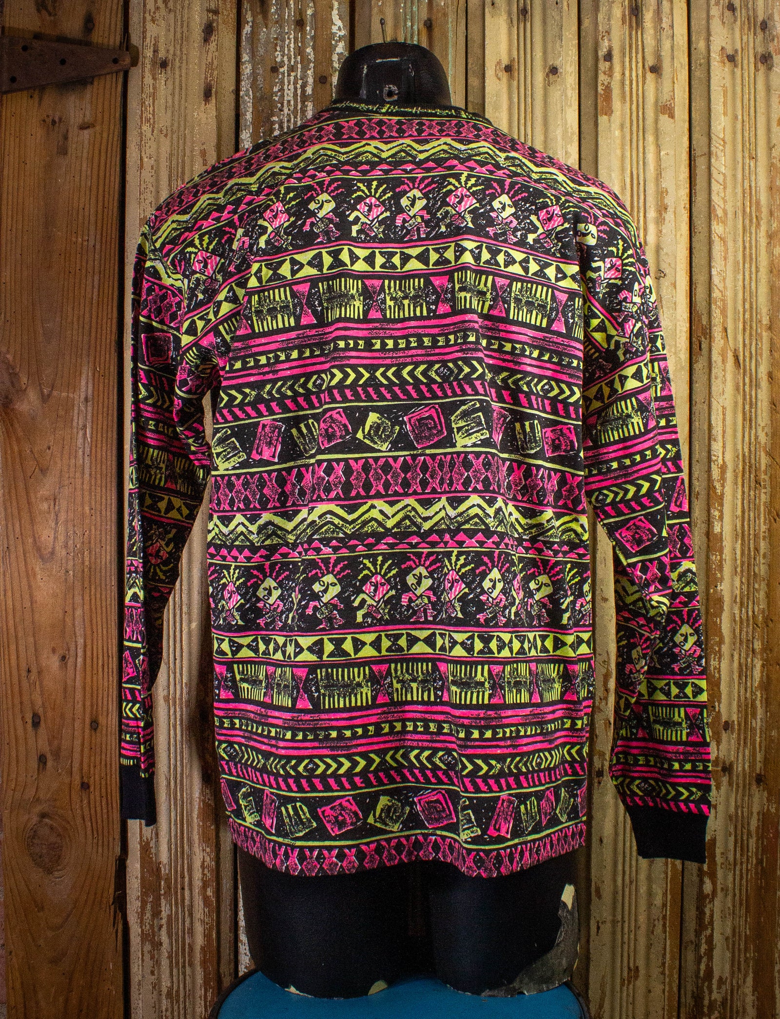 Vintage New Planet Geometric Patterned Long Sleeve Skater Shirt 80/90s Pink, Yellow, and Black XL