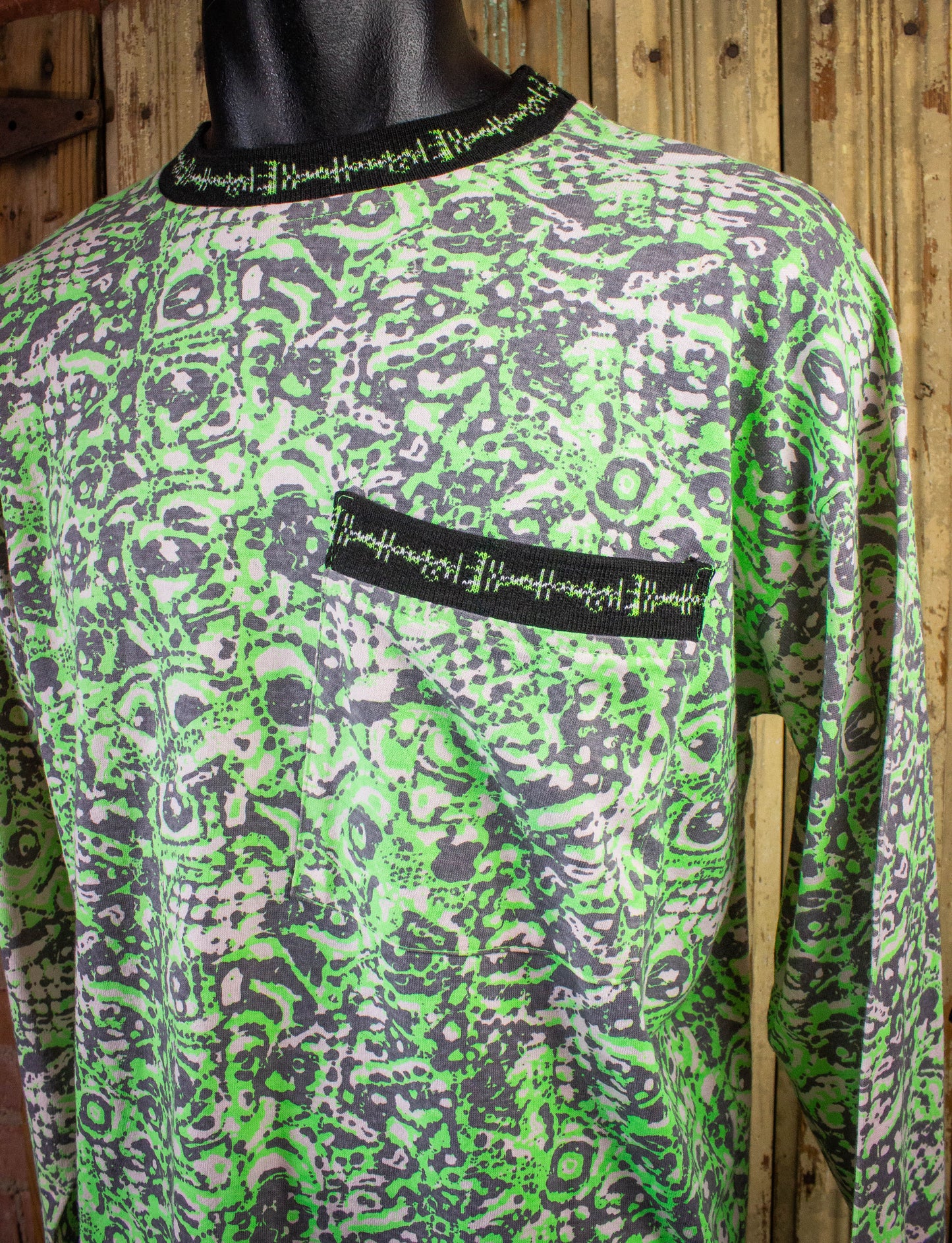 Vintage New Planet Patterned Long Sleeve Skater Shirt 80s/90s Green, White, and Black Large