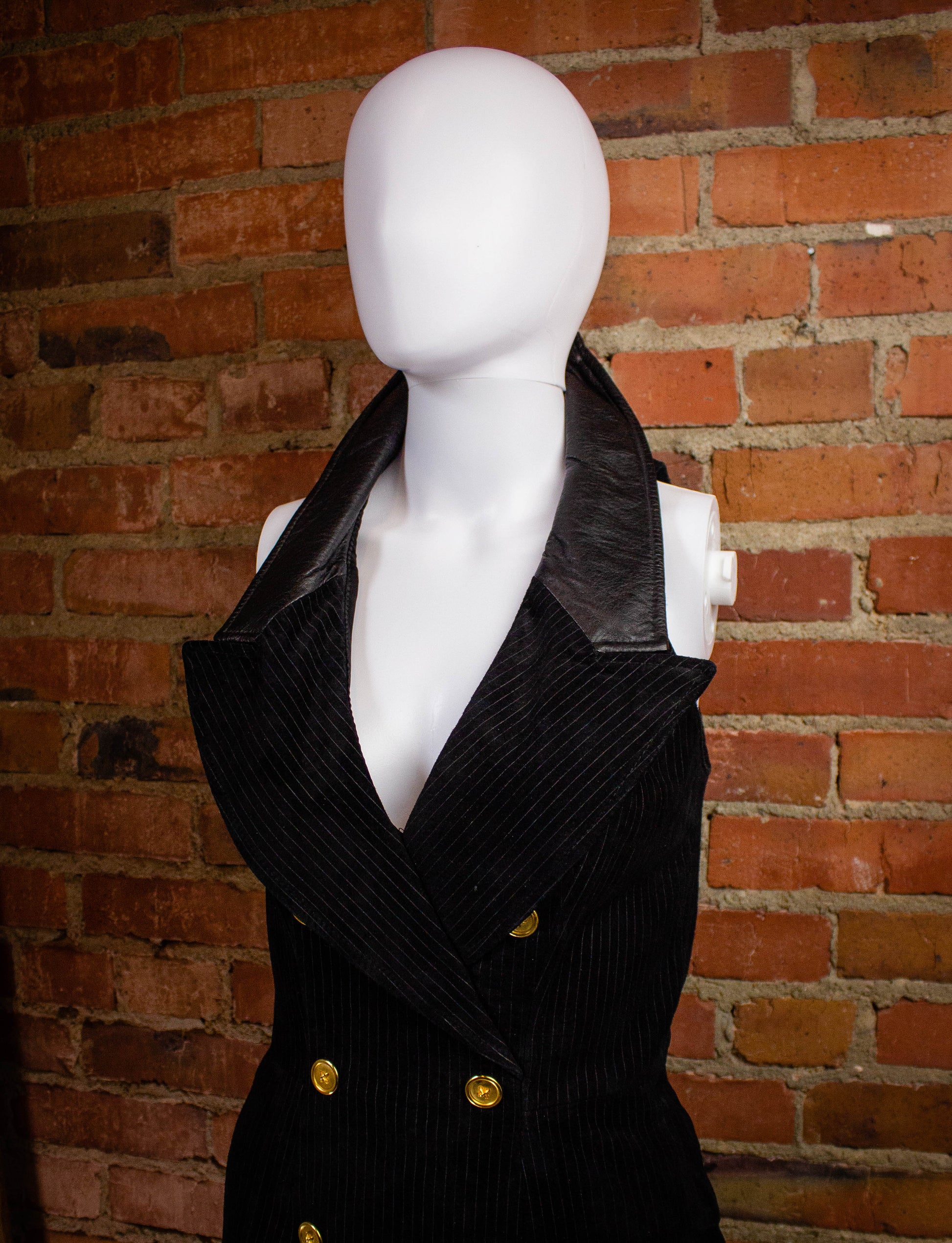 Vintage North Beach Black Leather Pinstripe Halter Leather Dress 80s XS