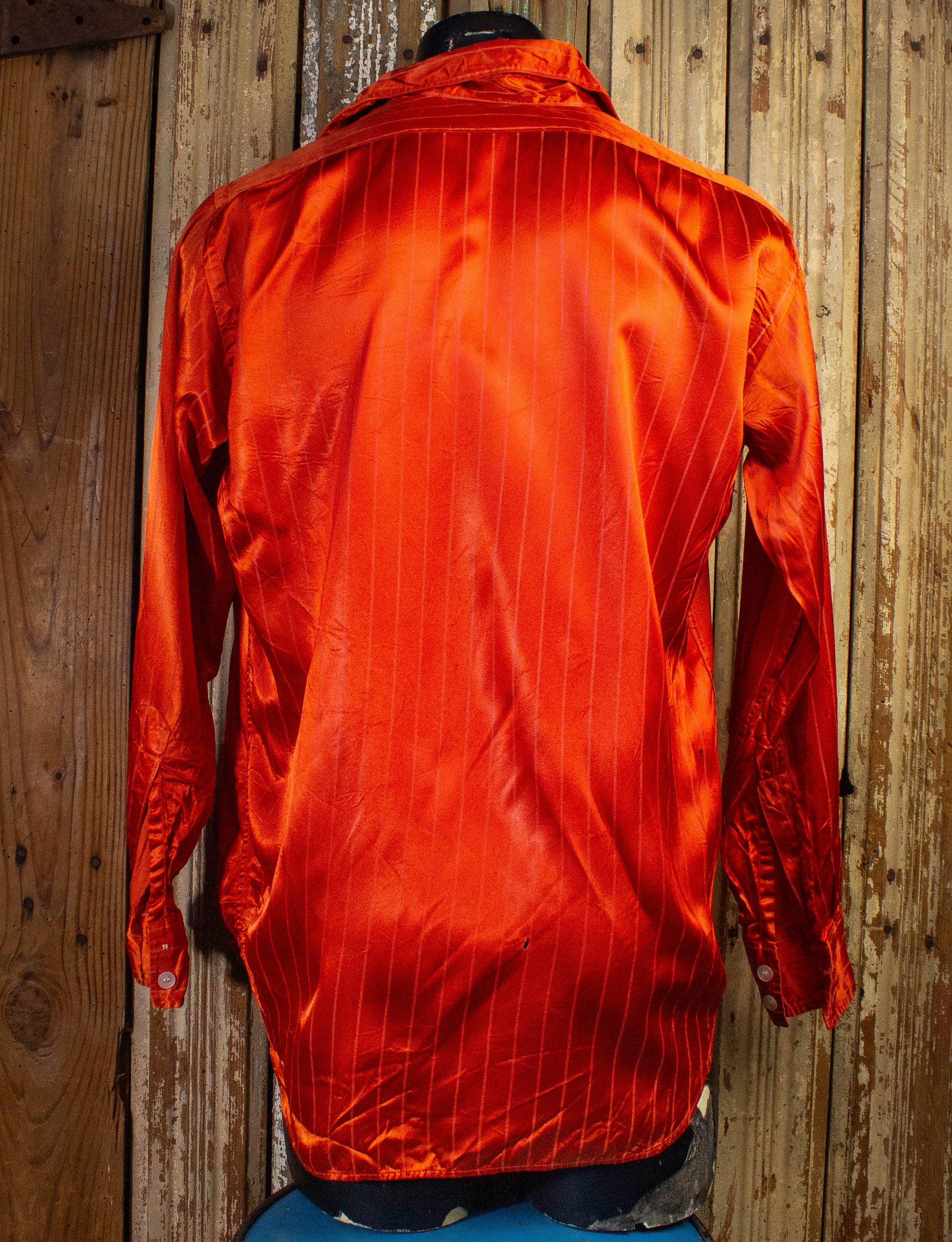 Vintage Striped Orange Satin Button Up Disco Shirt 70s XL