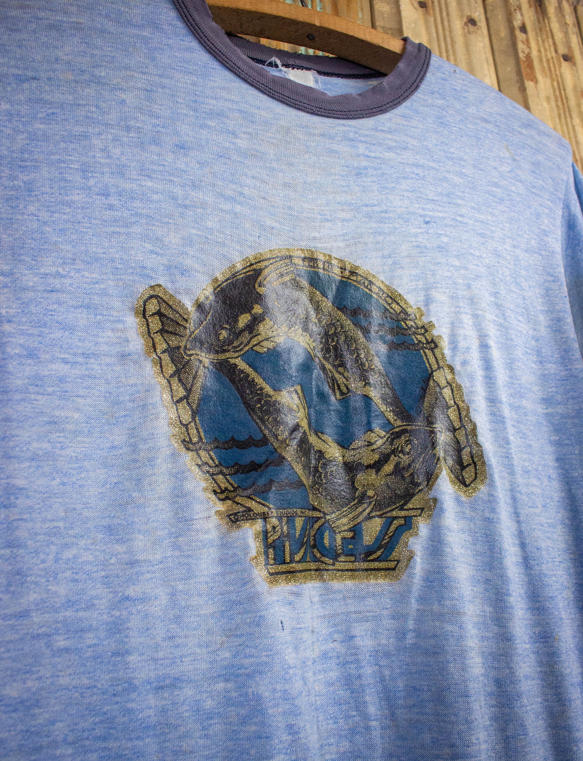 Vintage Pisces Iron On Graphic Ringer T Shirt 1979 Blue Small