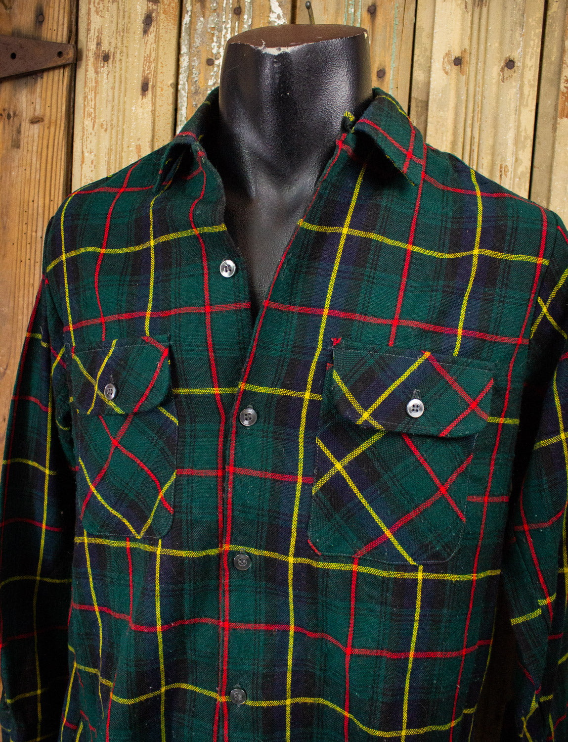 Vintage Green, Yellow, and Red Plaid Flannel Shirt Large