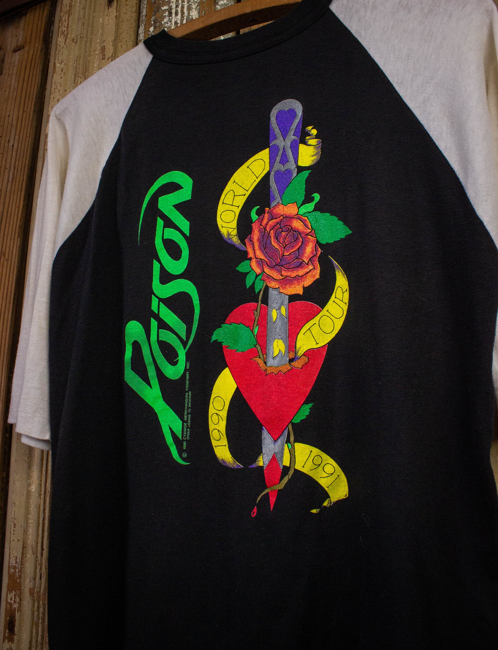 Vintage Poison Flesh and Blood Raglan Concert T Shirt 1990-91 Black and White Medium