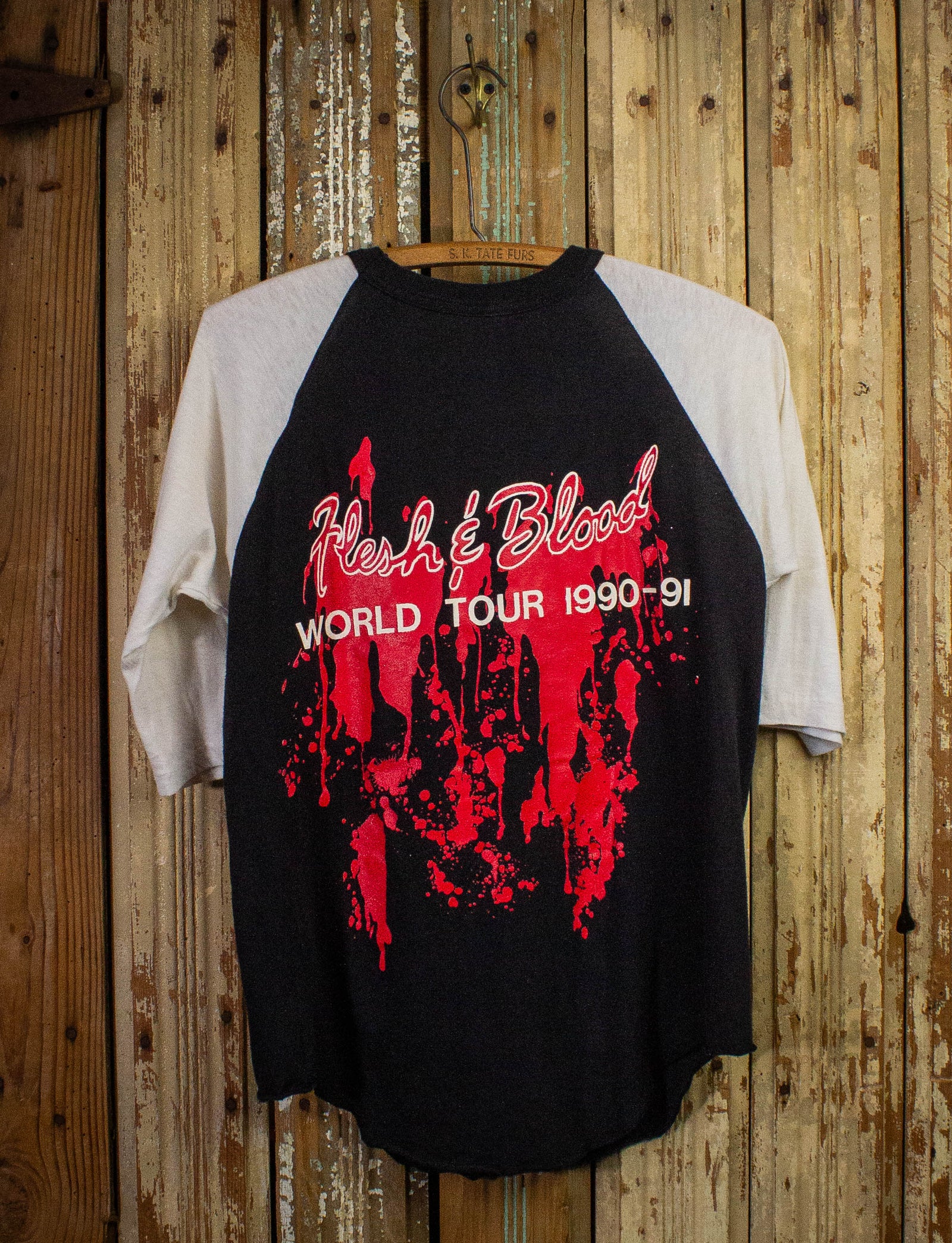 Vintage Poison Flesh and Blood Raglan Concert T Shirt 1990-91 Black and White Medium