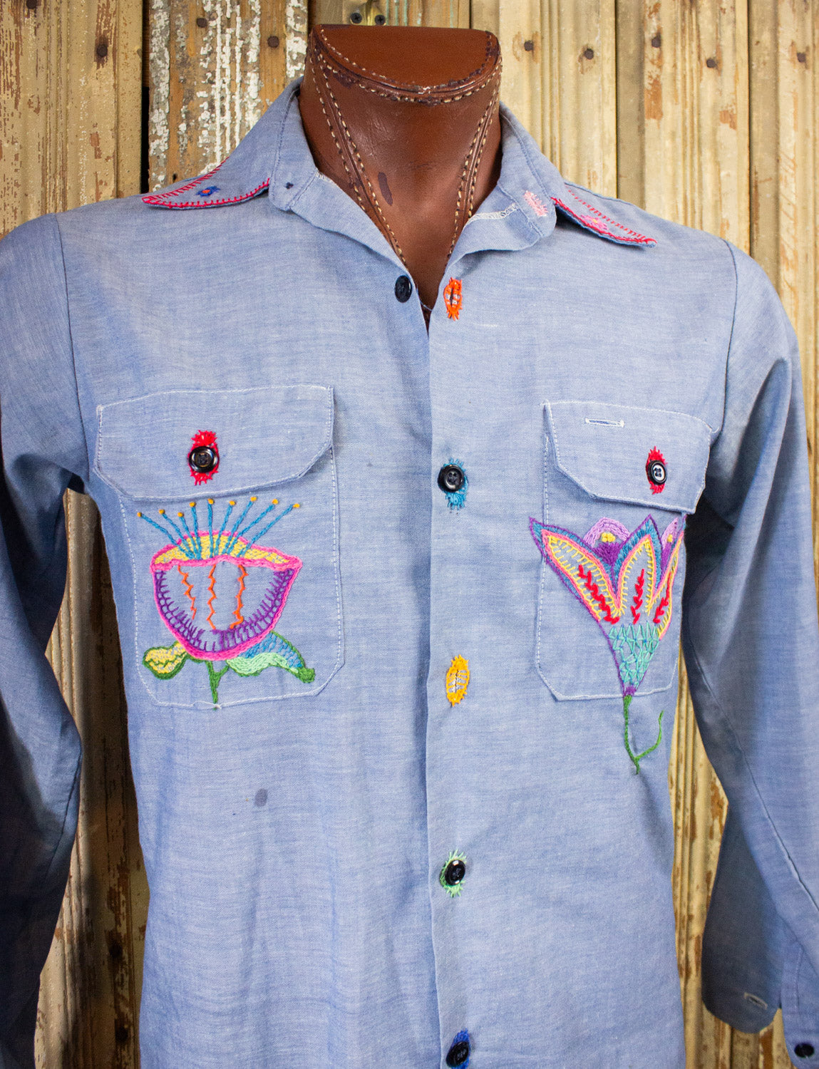 Vintage Psychedelic Chambray Button Up Shirt 70s Large