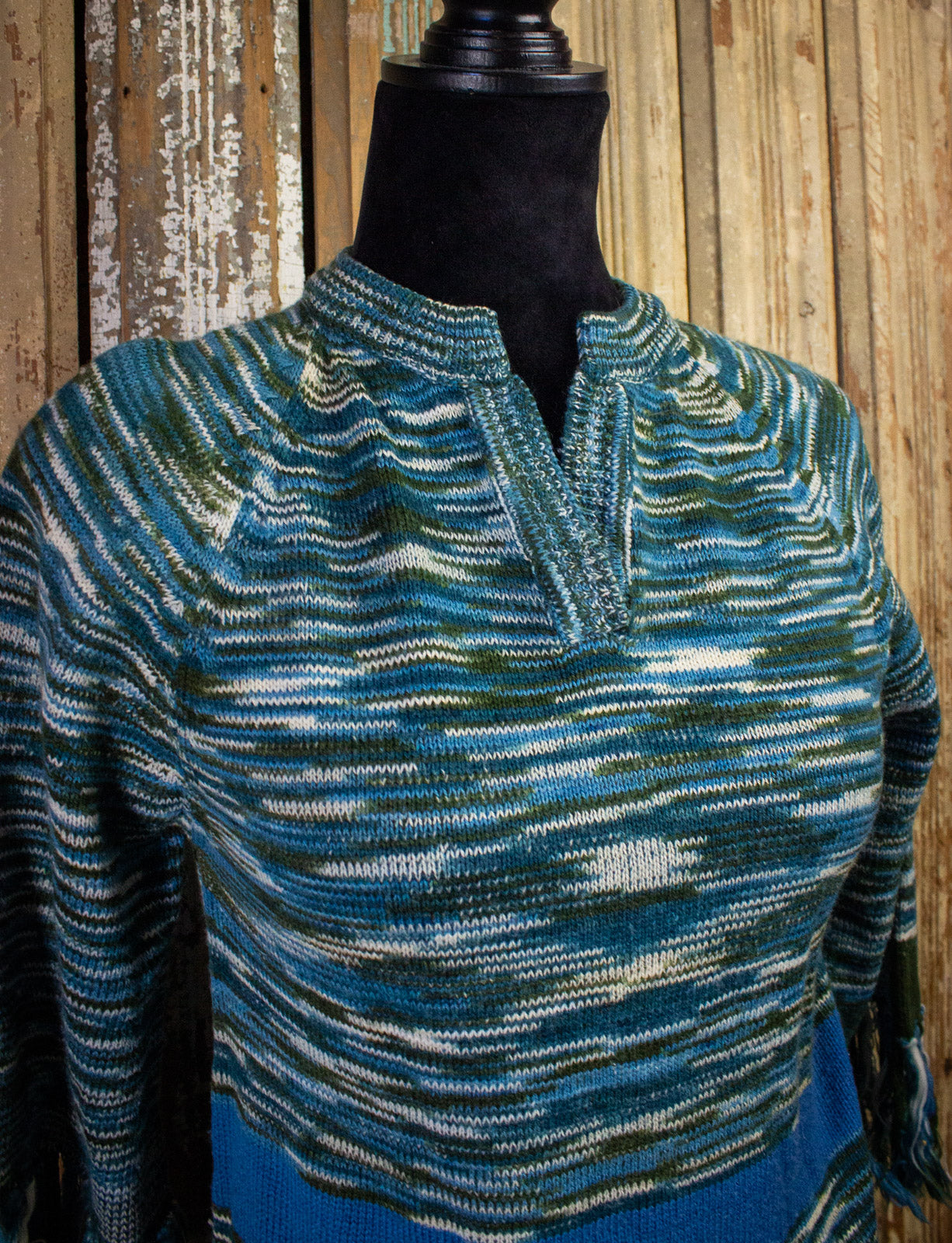 Vintage Pullover Fringe Sweater 70s Blue/Green Small
