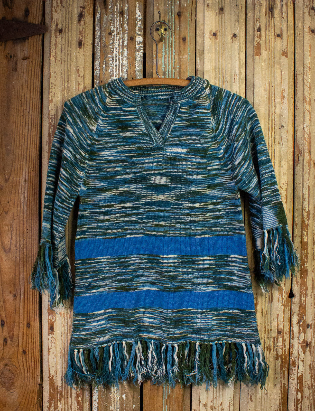 Vintage Pullover Fringe Sweater 70s Blue/Green Small