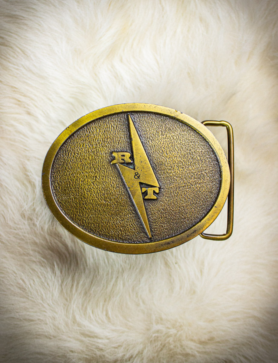 Vintage R&T Lightning Bolt Brass Belt Buckle