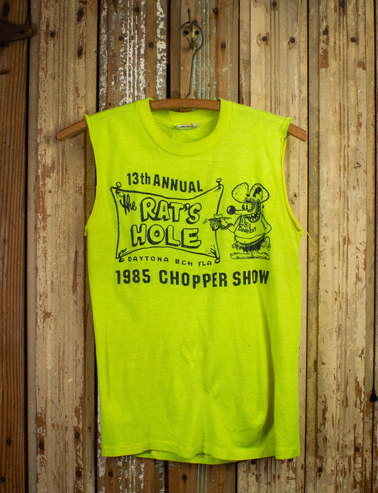 Vintage Rat's Hole Chopper Show Cut Off Graphic T Shirt 1985 Neon Yellow XS