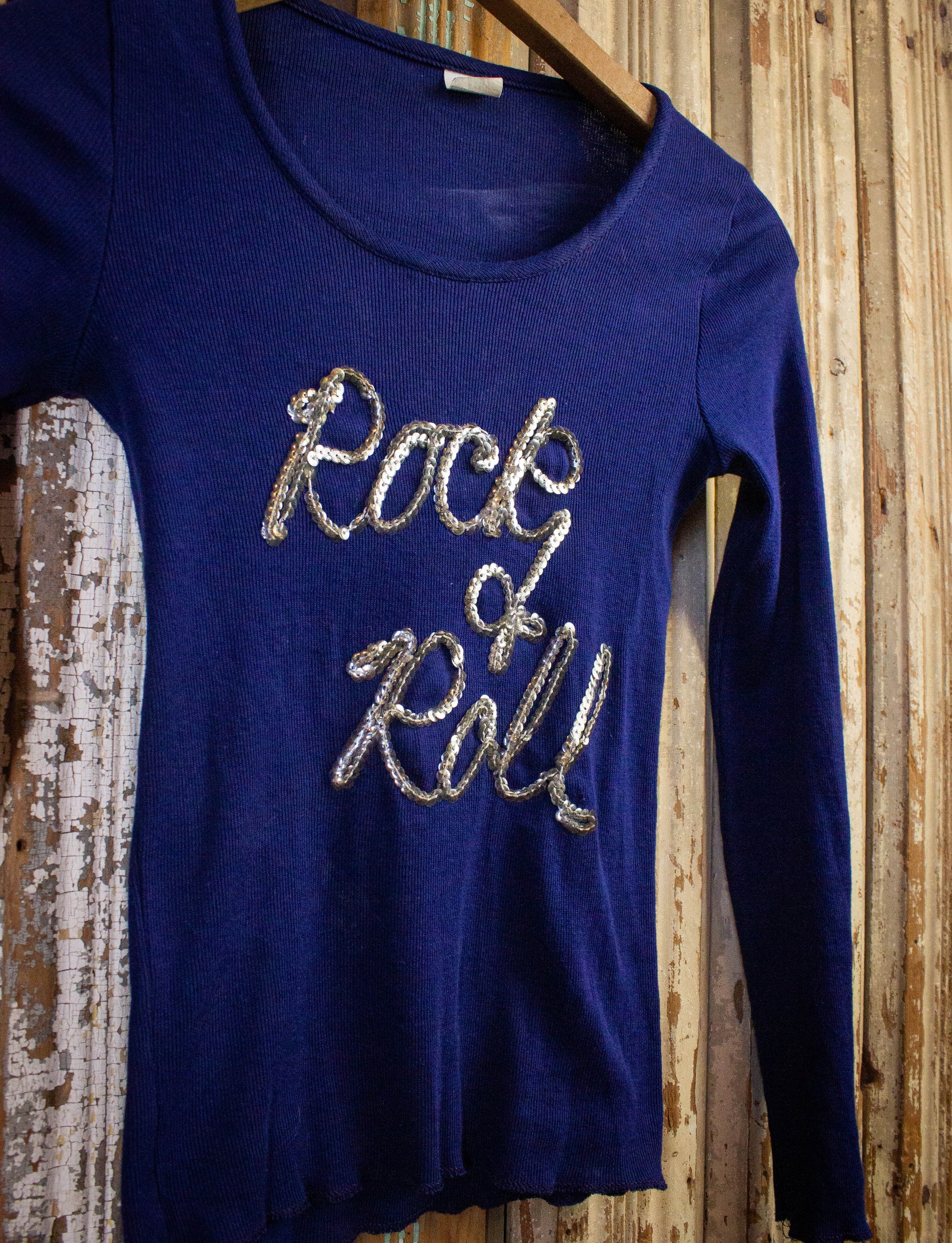Vintage 70s Women's Rock & Roll Long Sleeve Sequined T Shirt XS
