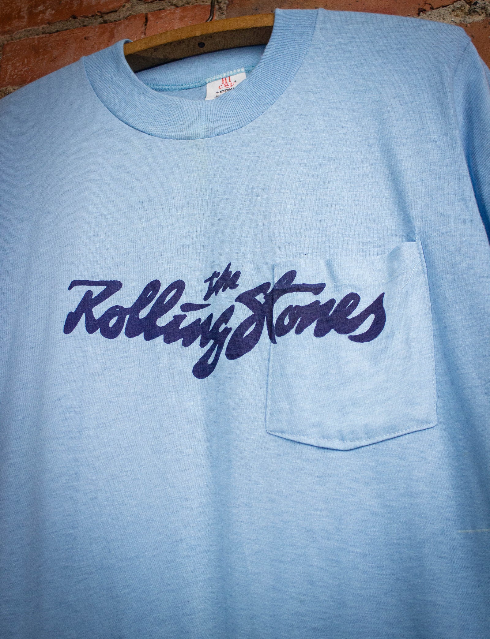 Vintage Rolling Stones World Tour Concert Pocket T Shirt Light Blue Medium