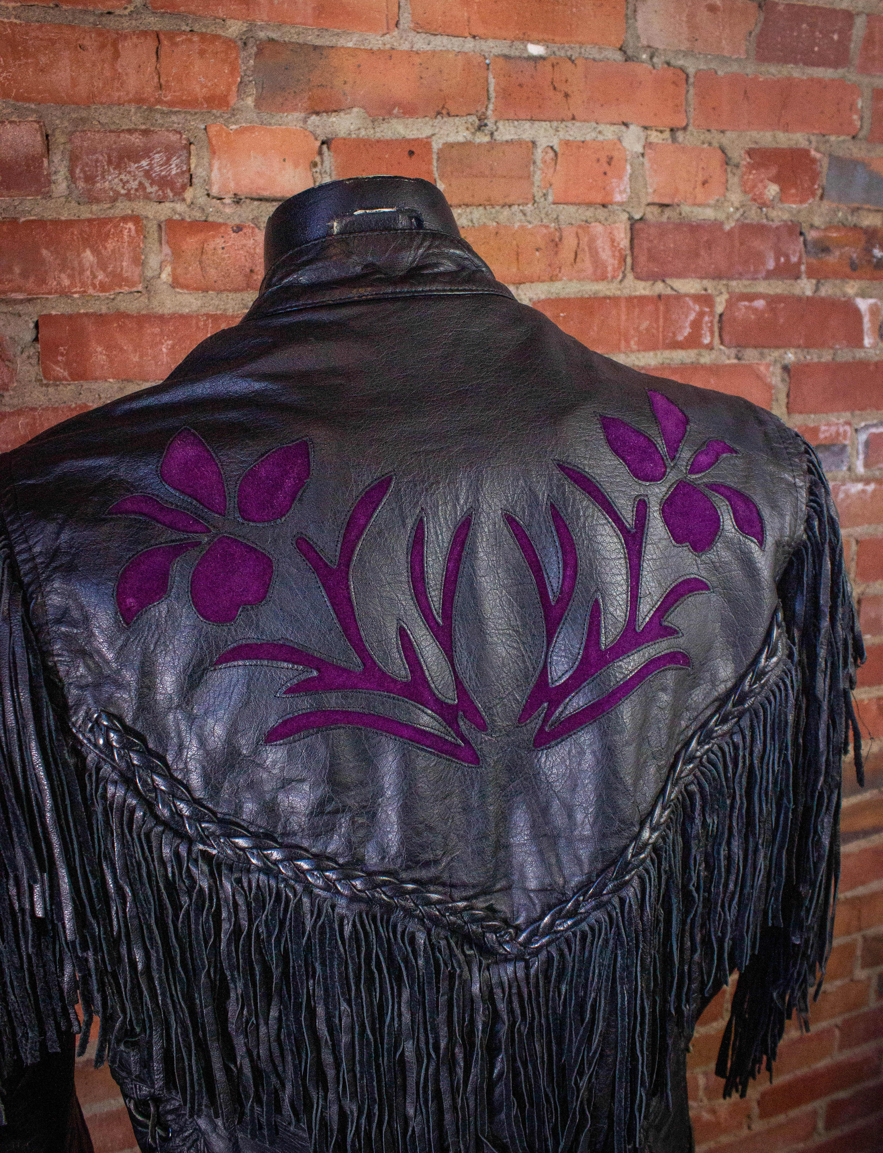 Vintage Rose Fringe Leather Jacket Black and Purple Medium – Black ...