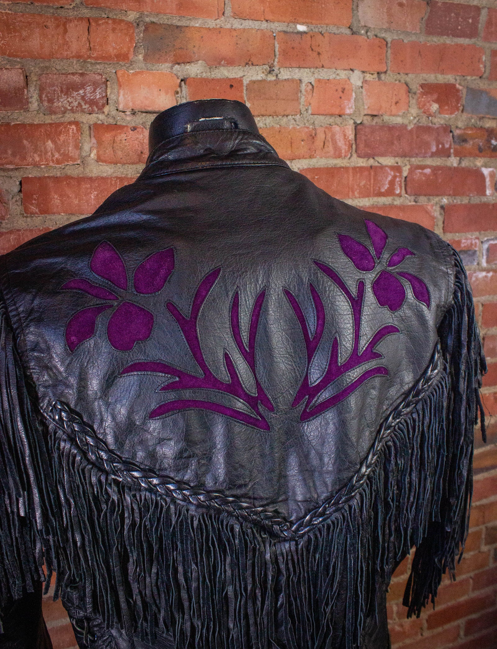 Vintage Rose Fringe Leather Jacket Black and Purple Medium