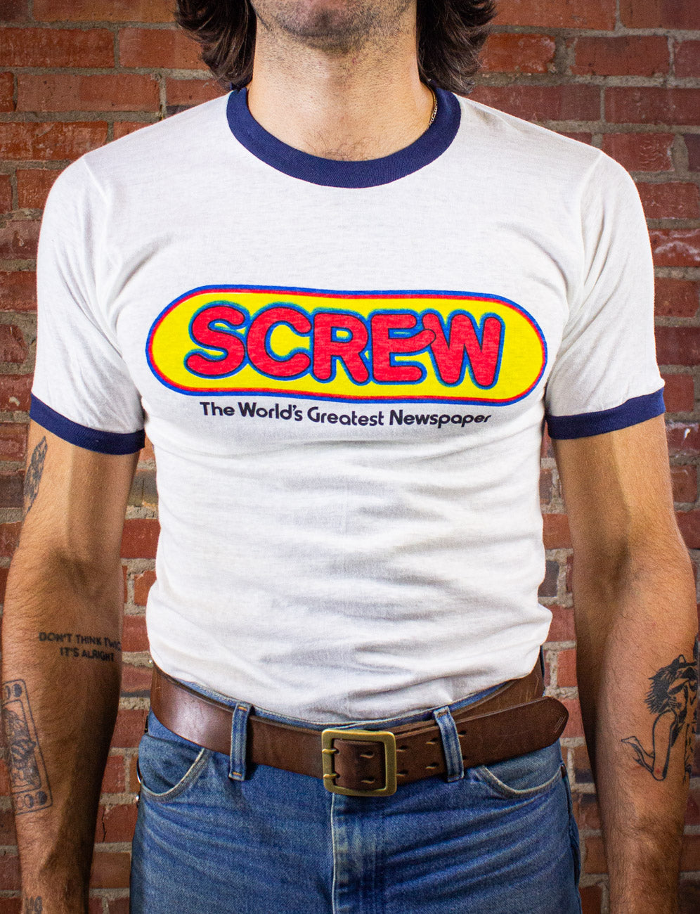 Vintage Screw Newspaper Graphic Ringer T Shirt 70s White Small