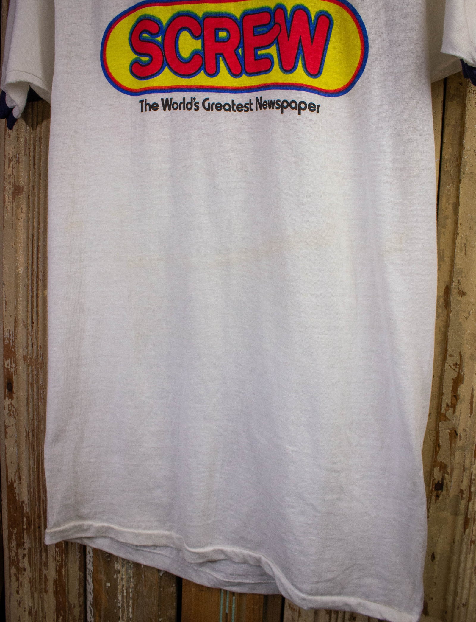 Vintage Screw Newspaper Graphic Ringer T Shirt 70s White Small