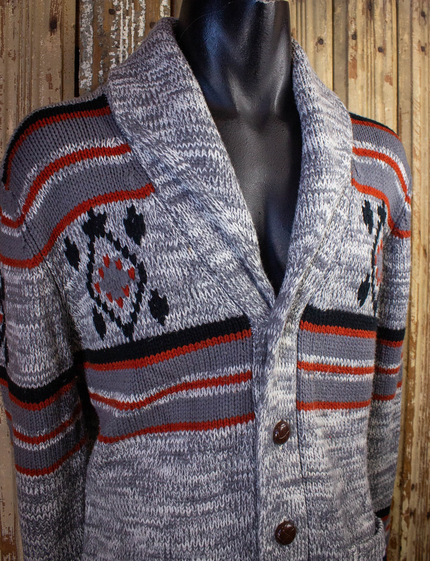 Vintage Sigallo Knit Cardigan 70s Gray/Red Large