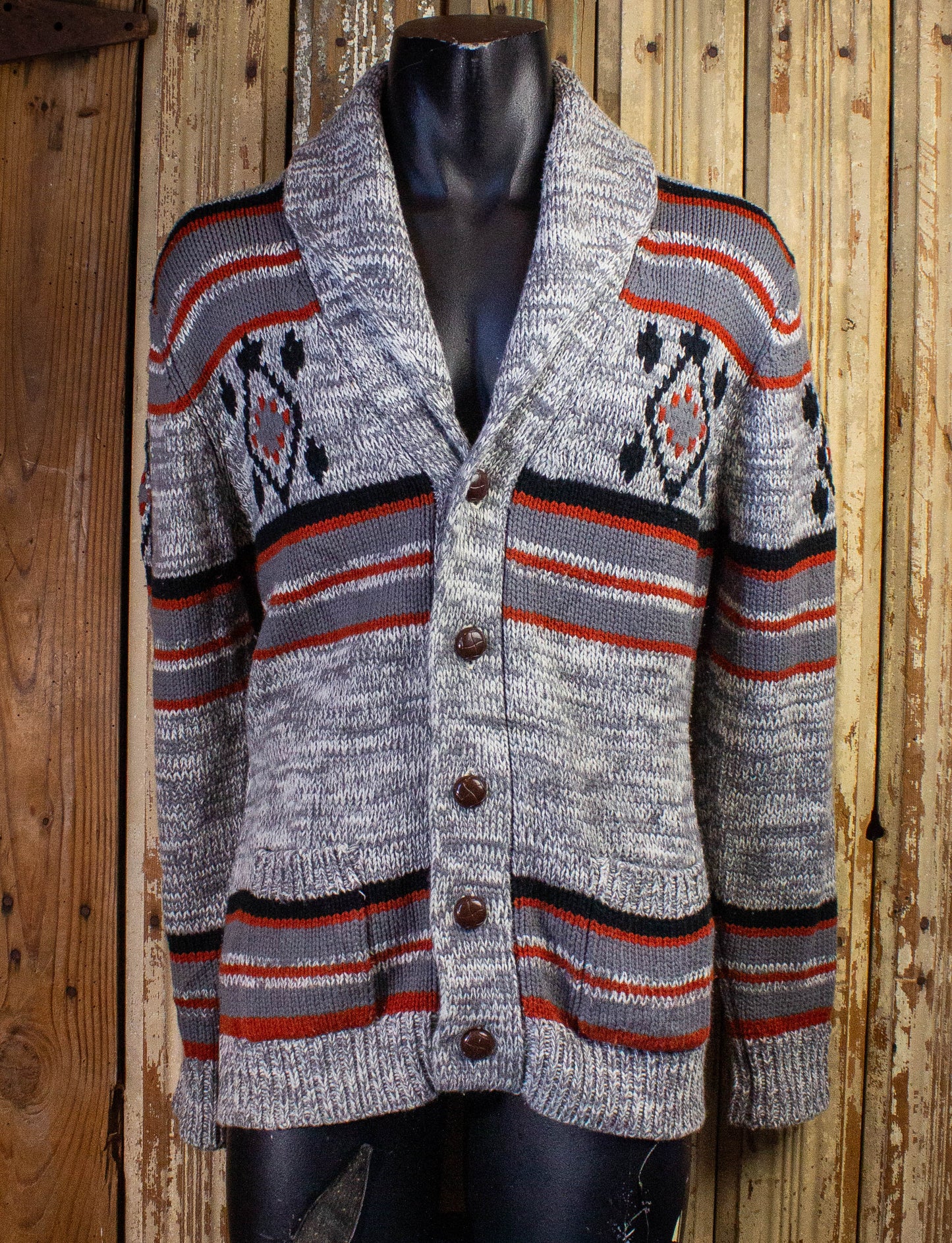 Vintage Sigallo Knit Cardigan 70s Gray/Red Large