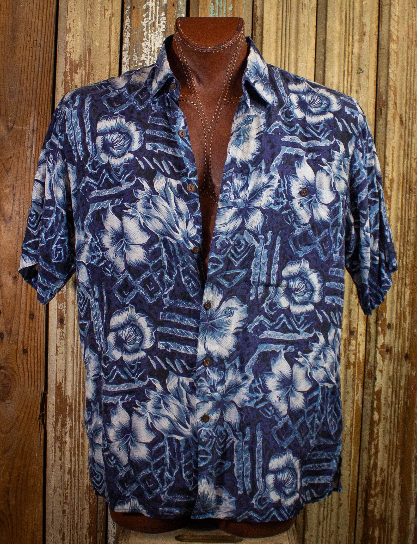 Vintage Silk Traders Hawaiian Silk Button Up Shirt Blue XL