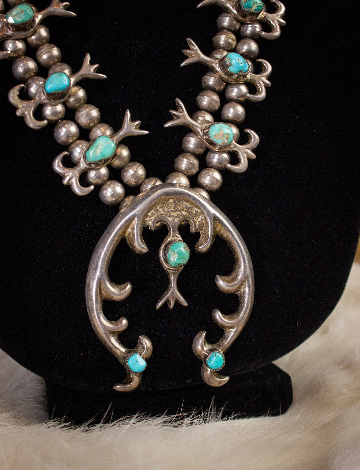 Vintage Turquoise Sterling Silver Double Bead Squash Blossom Necklace 60s