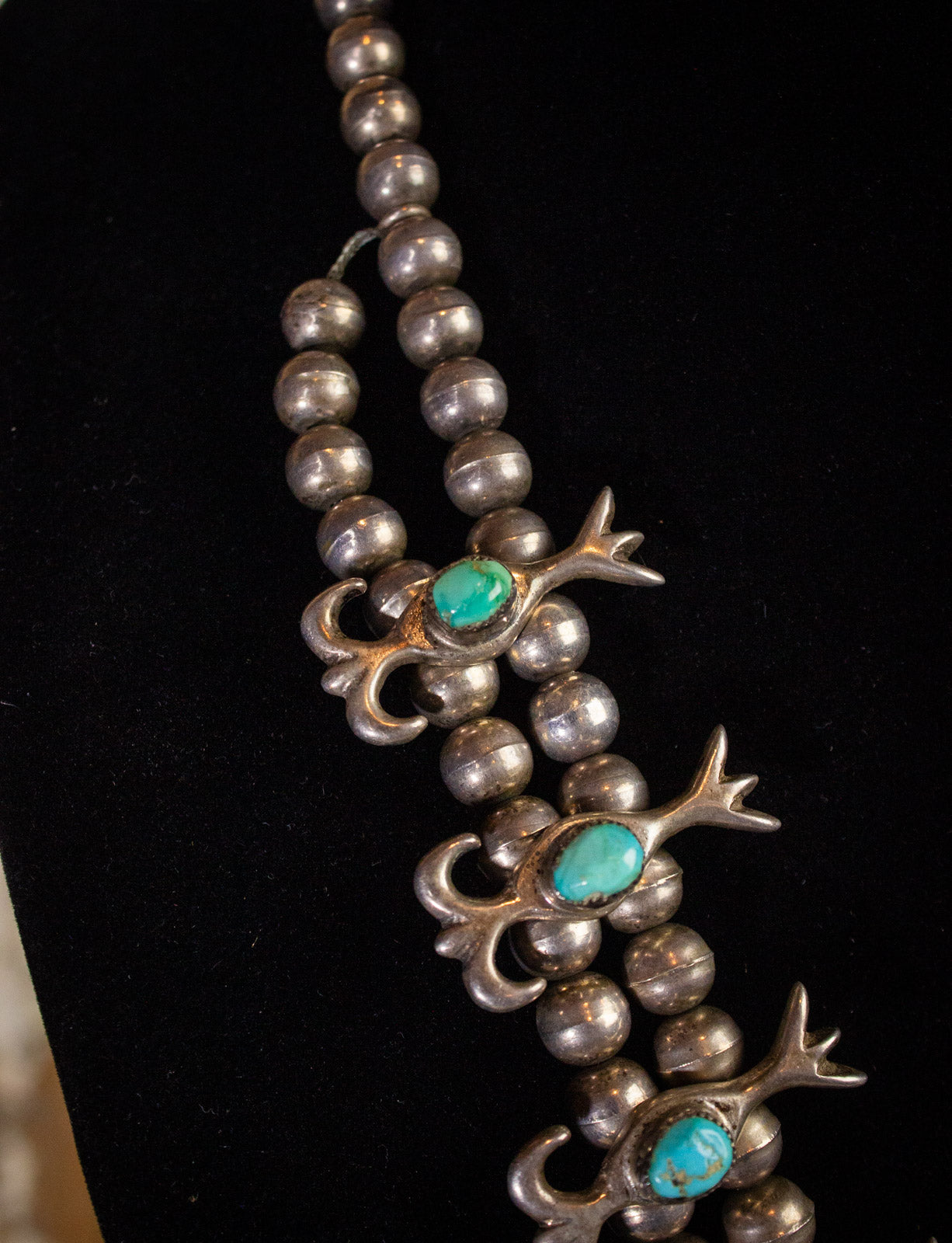 Vintage Turquoise Sterling Silver Double Bead Squash Blossom Necklace 60s