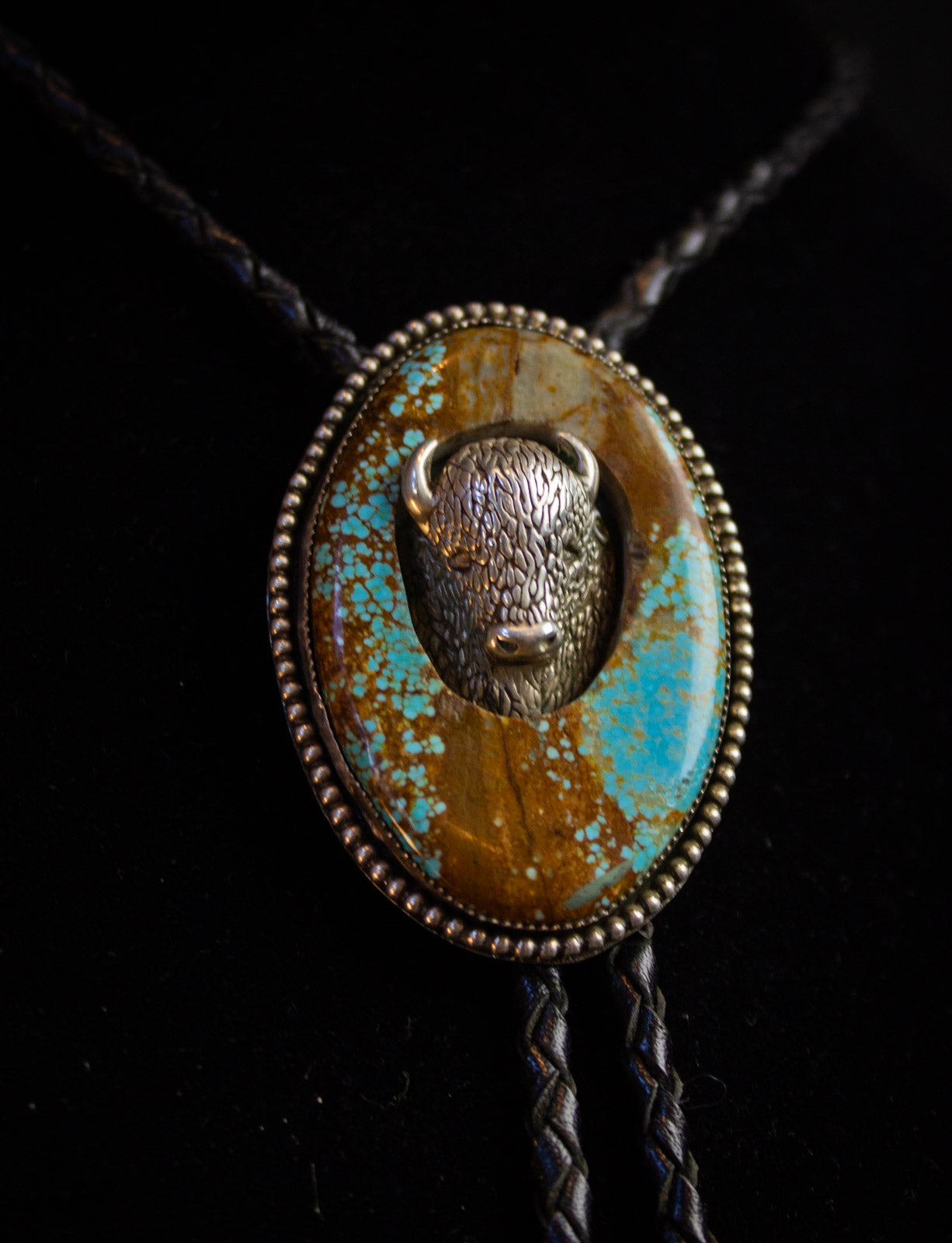 Vintage Sterling Silver Buffalo and Turquoise Bolo Tie 