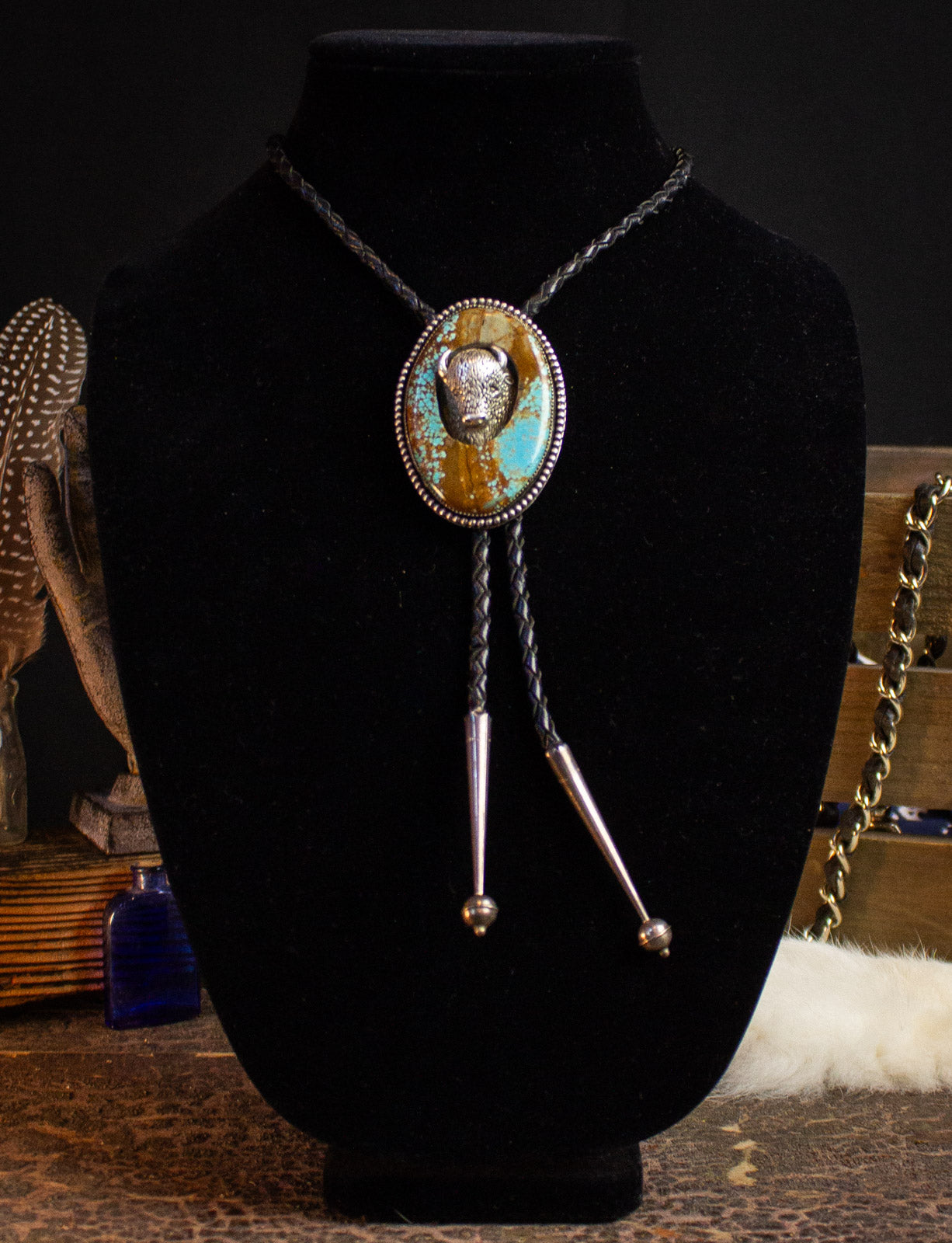 Vintage Sterling Silver Buffalo and Turquoise Bolo Tie 