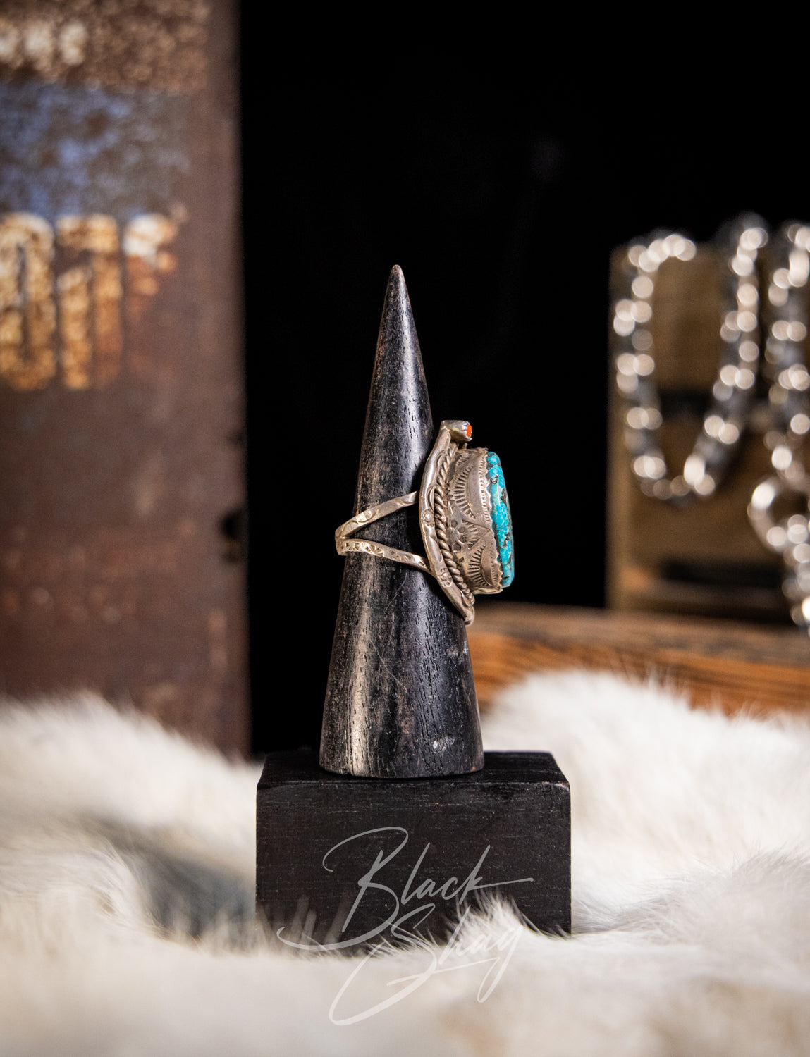 Vintage Sterling Silver Turquoise Ring Size 12