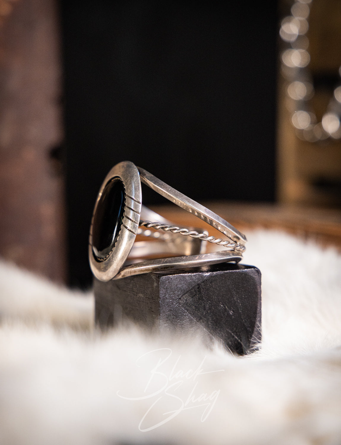 Vintage Sterling Silver & Black Onyx Cuff 70s
