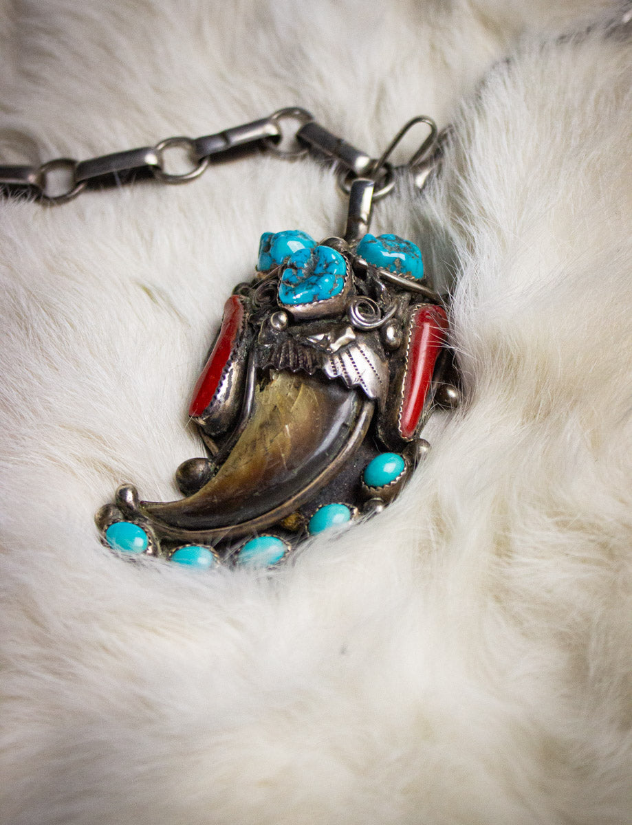 Vintage Sterling Silver Turquoise and Coral Claw Necklace