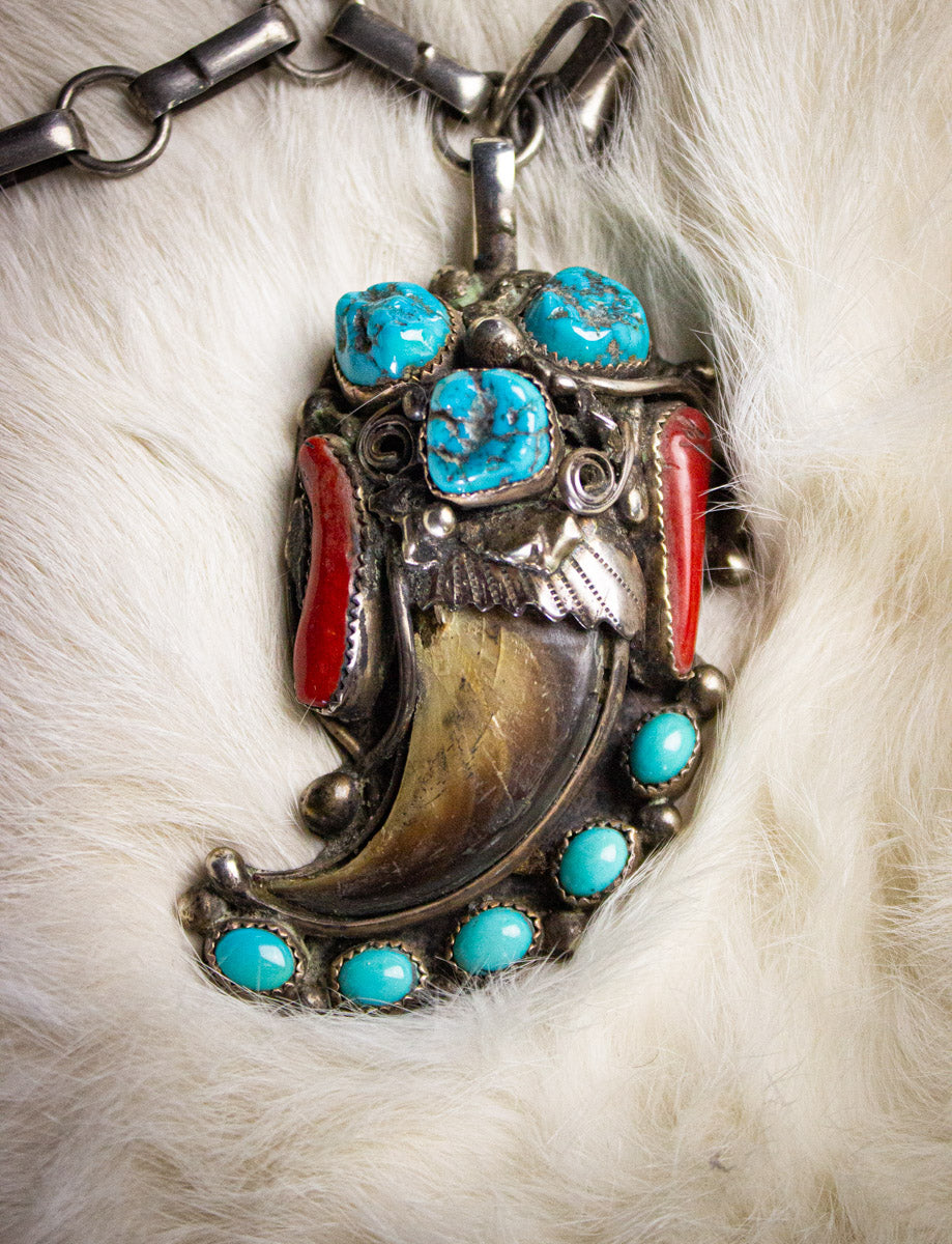Vintage Sterling Silver Turquoise and Coral Claw Necklace