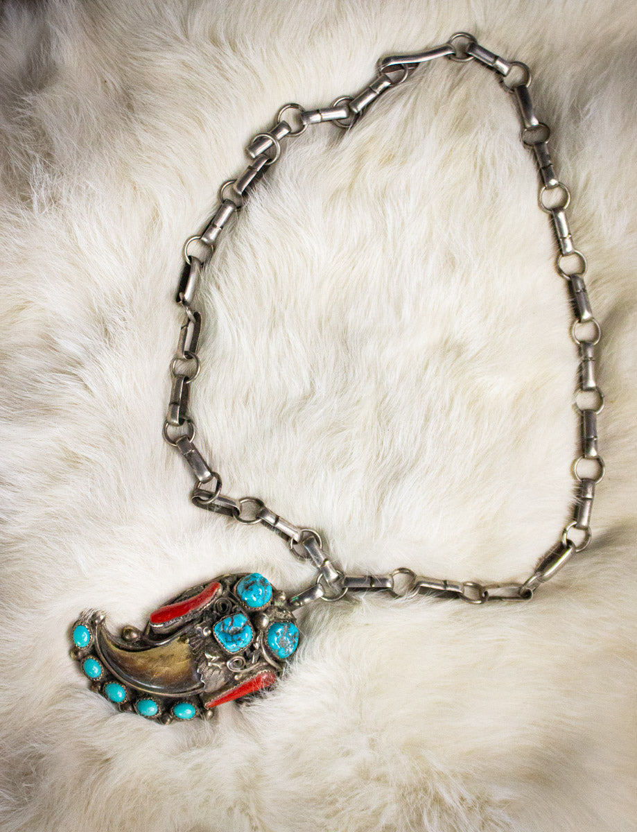 Vintage Sterling Silver Turquoise and Coral Claw Necklace