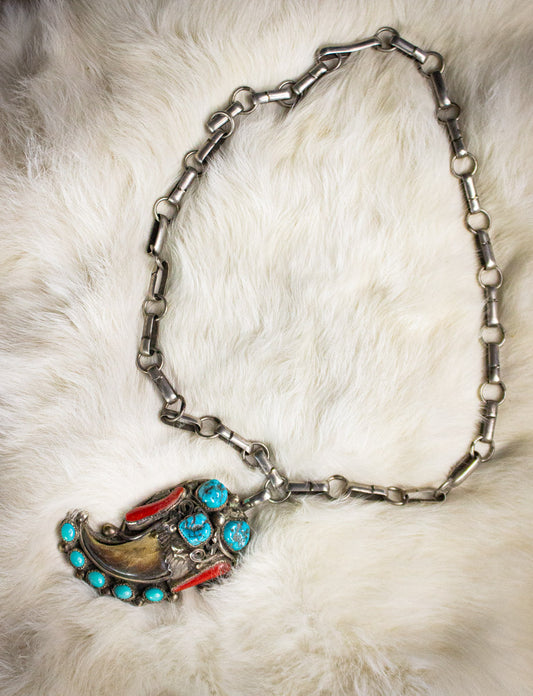 Vintage Sterling Silver Turquoise and Coral Claw Necklace