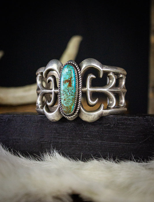 Vintage Sterling Silver Turquoise Sand Cast Cuff