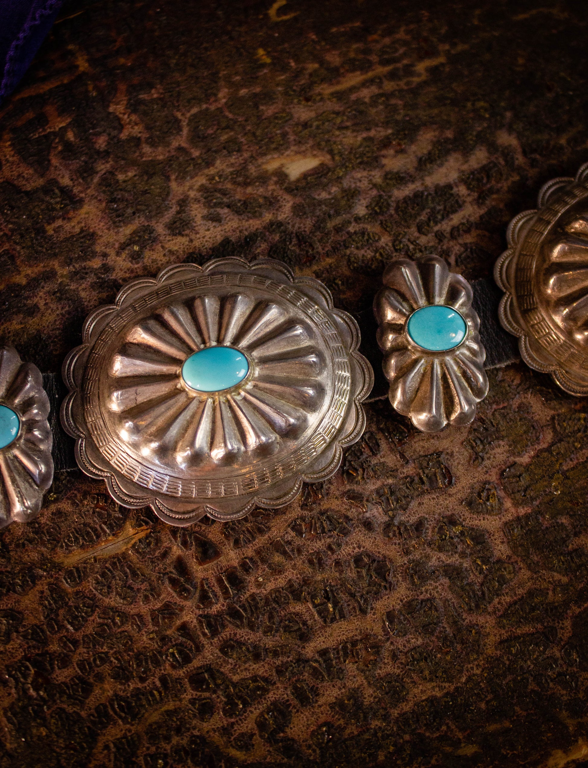 Vintage Sterling Silver Turquoise Concho Black Leather Belt 32/34W