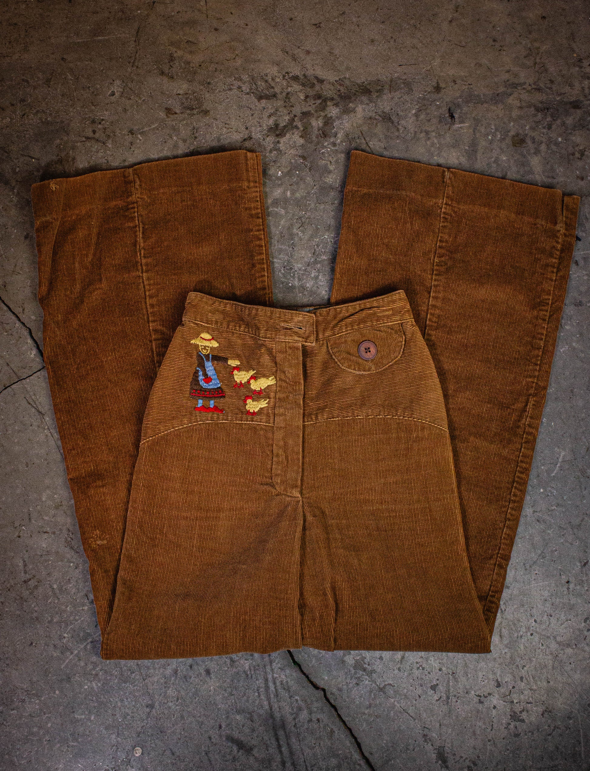 Vintage Strawberry Plant Corduroy Bell Bottom Pants 70s Brown 22x30