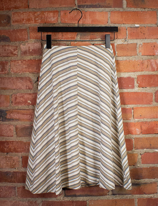 Vintage Striped Elastic Waist Midi Skirt 70s White/Tan Small