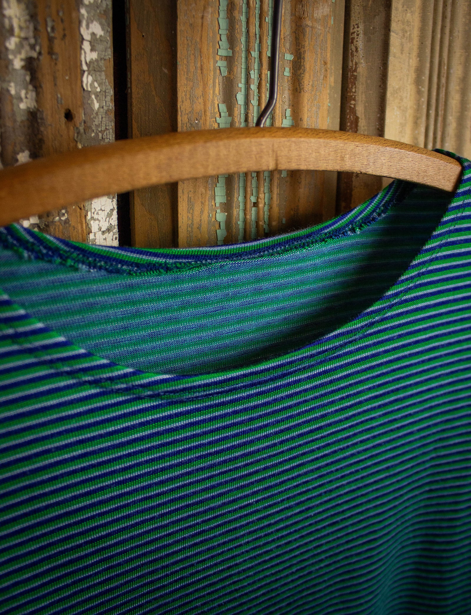 Vintage Striped T Shirt 70s Green, Blue, and White Medium
