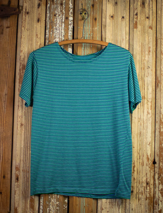 Vintage Striped T Shirt 70s Green, Blue, and White Medium
