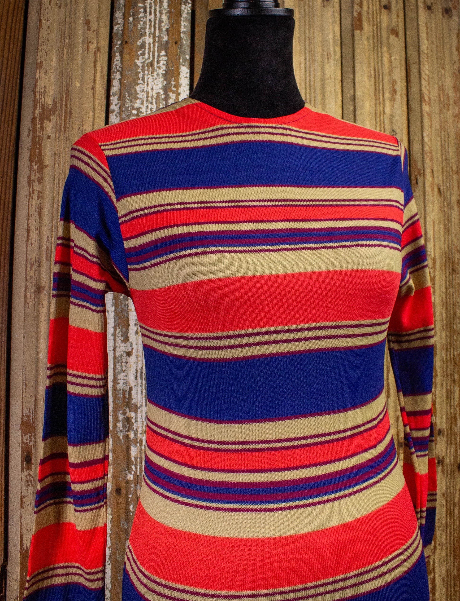 Vintage Striped Women's Long Sleeve Shirt 70s Blue/Tan/Orange Small