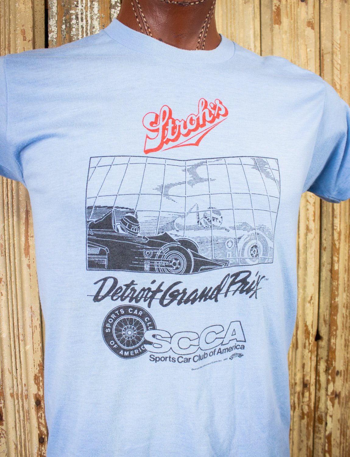 Vintage Stroh's Detroit Grand Prix Drag Racing Graphic T Shirt 1985 Blue Medium