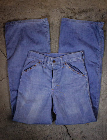 Vintage Landlubber Patchwork Flare Denim Jeans 60s Blue Low Rise 27x30