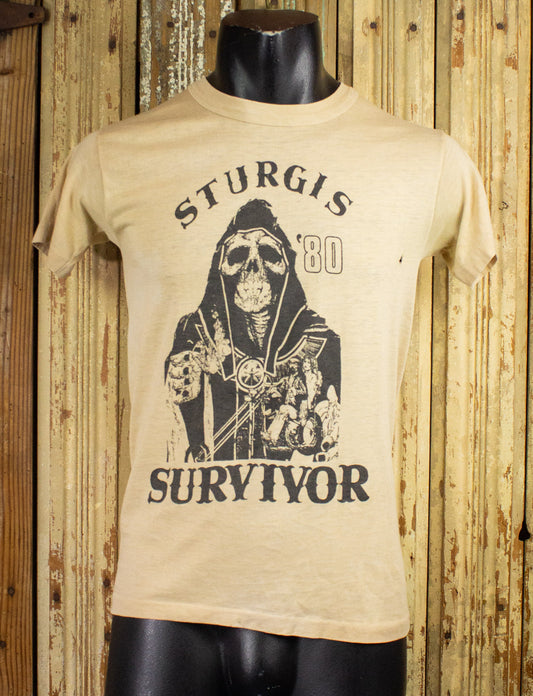 Vintage Sturgis Survivor Graphic T Shirt 1980 Tan Small